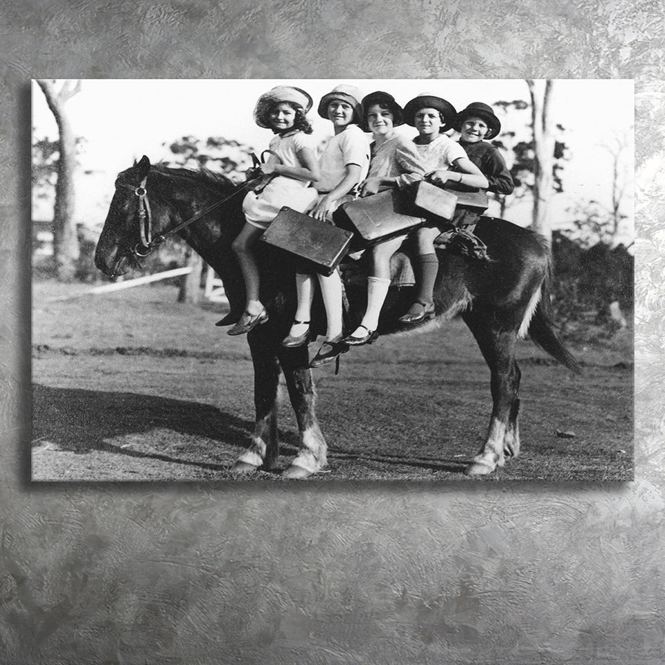 Girls Riding Horse To School Black And White Print, Schoolgirls Canvas Prints Wall Art Home Decor