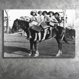 Girls Riding Horse To School Black And White Print, Schoolgirls Canvas Prints Wall Art Home Decor
