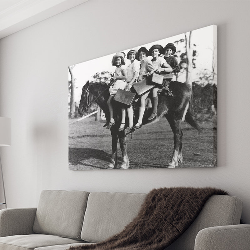 Girls Riding Horse To School Black And White Print, Schoolgirls Canvas Prints Wall Art Home Decor