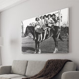 Girls Riding Horse To School Black And White Print, Schoolgirls Canvas Prints Wall Art Home Decor