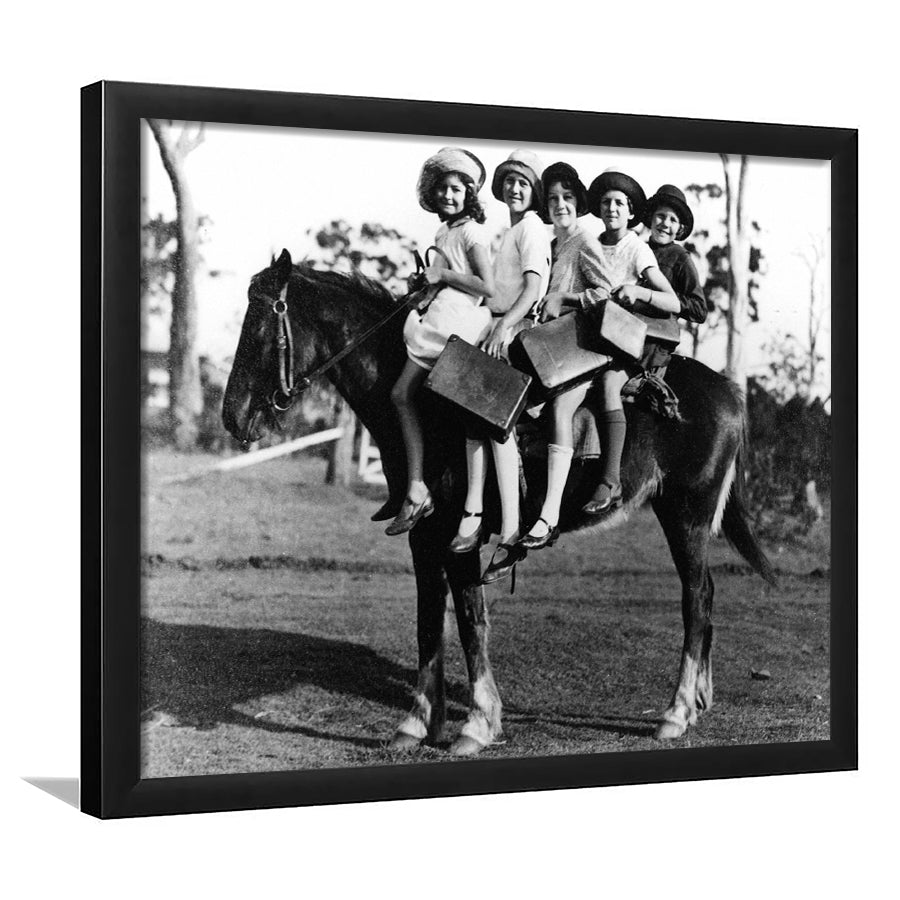 Girls Riding Horse To School Black And White Print, Schoolgirls Framed Art Prints, Wall Art,Home Decor,Framed Picture
