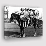 Girls Riding Horse To School Black And White Print, Schoolgirls Canvas Prints Wall Art Home Decor