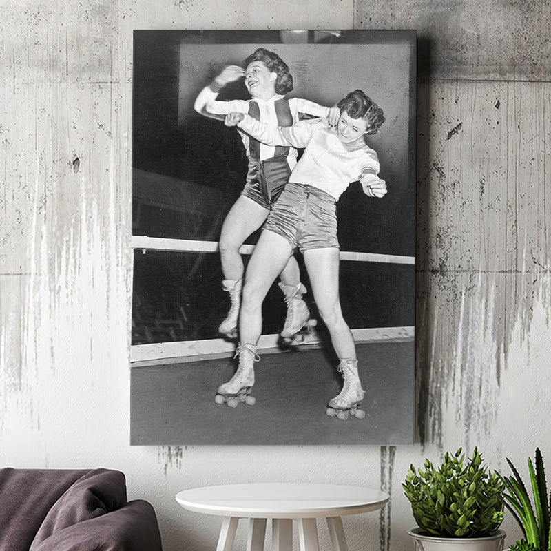Girls Roller Derby Black And White Print, Vintage Women'S League Derby Match Canvas Prints Wall Art Home Decor