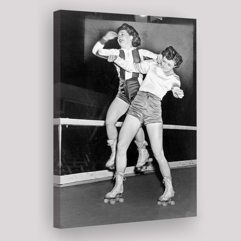 Girls Roller Derby Black And White Print, Vintage Women'S League Derby Match Canvas Prints Wall Art Home Decor