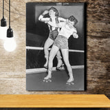 Girls Roller Derby Black And White Print, Vintage Women'S League Derby Match Canvas Prints Wall Art Home Decor