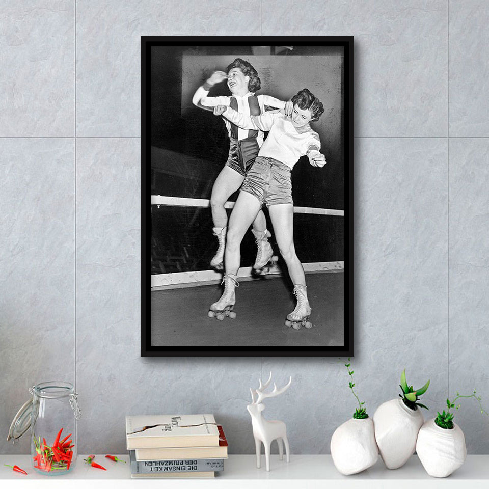 Girls Roller Derby Black And White Print, Vintage Women'S League Derby Match Framed Canvas Prints Wall Art Home Decor,Floating Frame