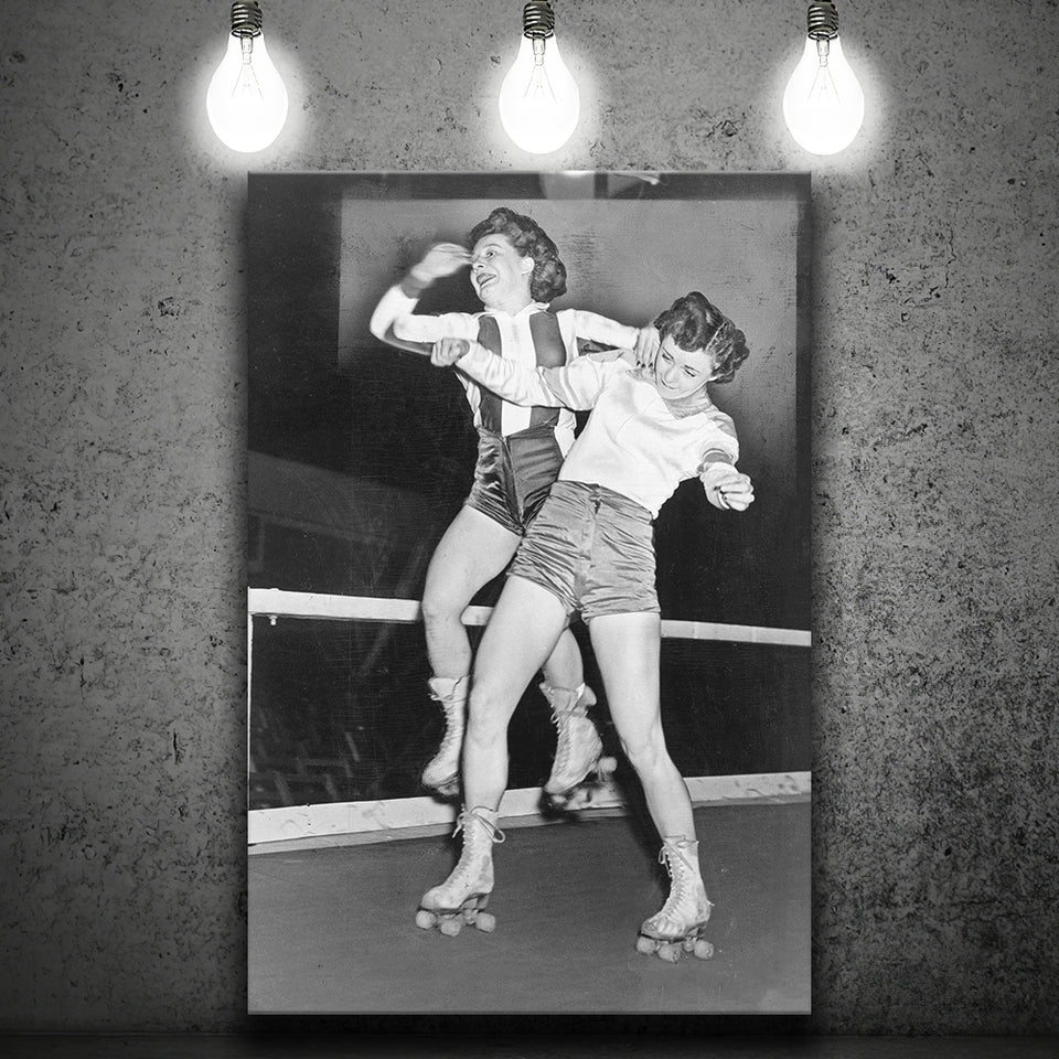 Girls Roller Derby Black And White Print, Vintage Women'S League Derby Match Canvas Prints Wall Art Home Decor