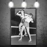 Girls Roller Derby Black And White Print, Vintage Women'S League Derby Match Canvas Prints Wall Art Home Decor