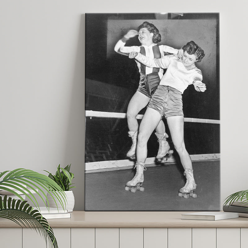 Girls Roller Derby Black And White Print, Vintage Women'S League Derby Match Canvas Prints Wall Art Home Decor