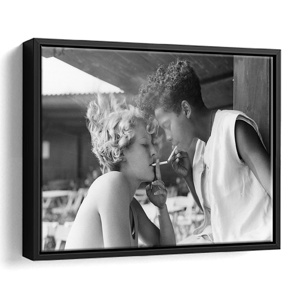Girls Smoking Black And White Print, Vintage Girl Friends Sharing A Cigarette Light Framed Canvas Prints Wall Art Home Decor
