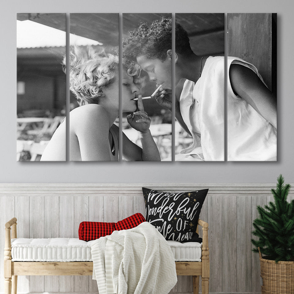 Girls Smoking Black And White Print, Vintage Girl Friends Sharing A Cigarette Larger Canvas Art, 5 Piece Canvas Prints Wall Art