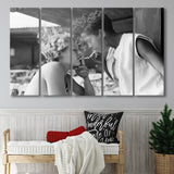 Girls Smoking Black And White Print, Vintage Girl Friends Sharing A Cigarette Larger Canvas Art, 5 Piece Canvas Prints Wall Art