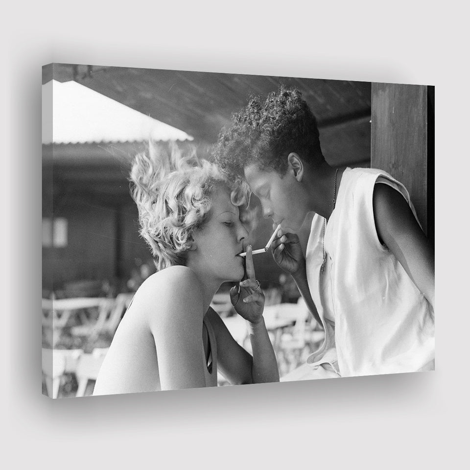 Girls Smoking Black And White Print, Vintage Girl Friends Sharing A Cigarette Light Canvas Prints Wall Art Home Decor