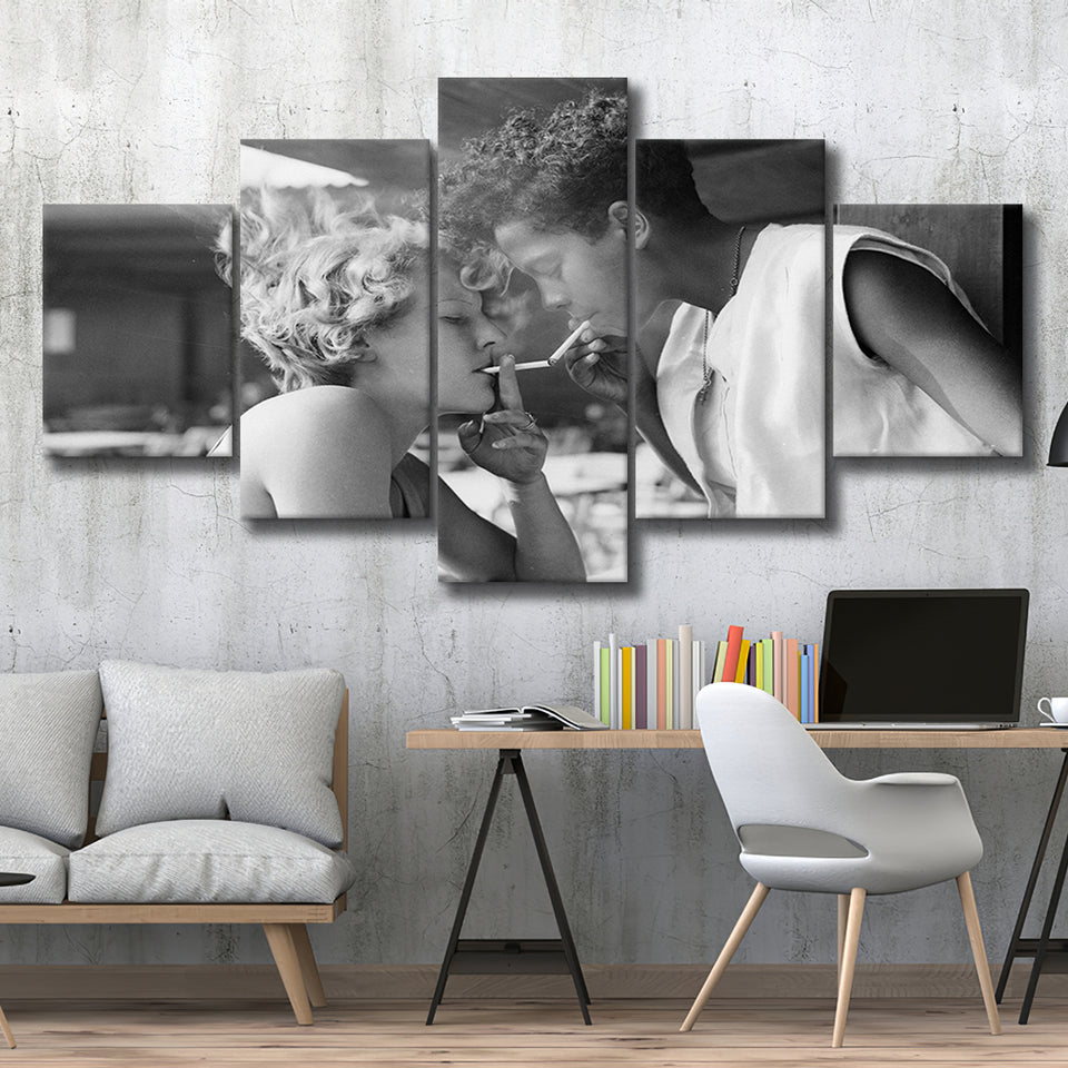 Girls Smoking Black And White Print, Vintage Girl Friends Sharing A Cigarette Light 5 Panels, Canvas Prints Wall Art Decor