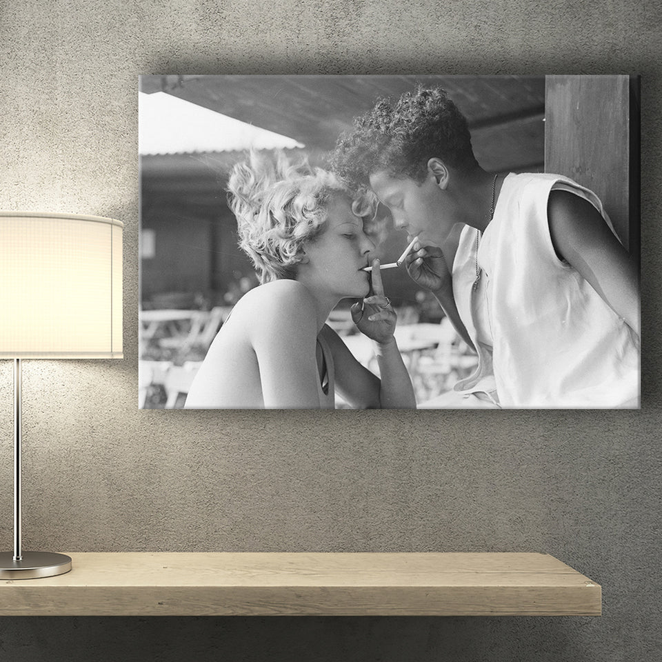 Girls Smoking Black And White Print, Vintage Girl Friends Sharing A Cigarette Light Canvas Prints Wall Art Home Decor