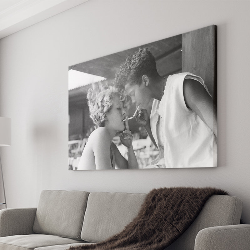 Girls Smoking Black And White Print, Vintage Girl Friends Sharing A Cigarette Light Canvas Prints Wall Art Home Decor