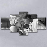Girls Smoking Black And White Print, Vintage Girl Friends Sharing A Cigarette Light 5 Panels, Canvas Prints Wall Art Decor