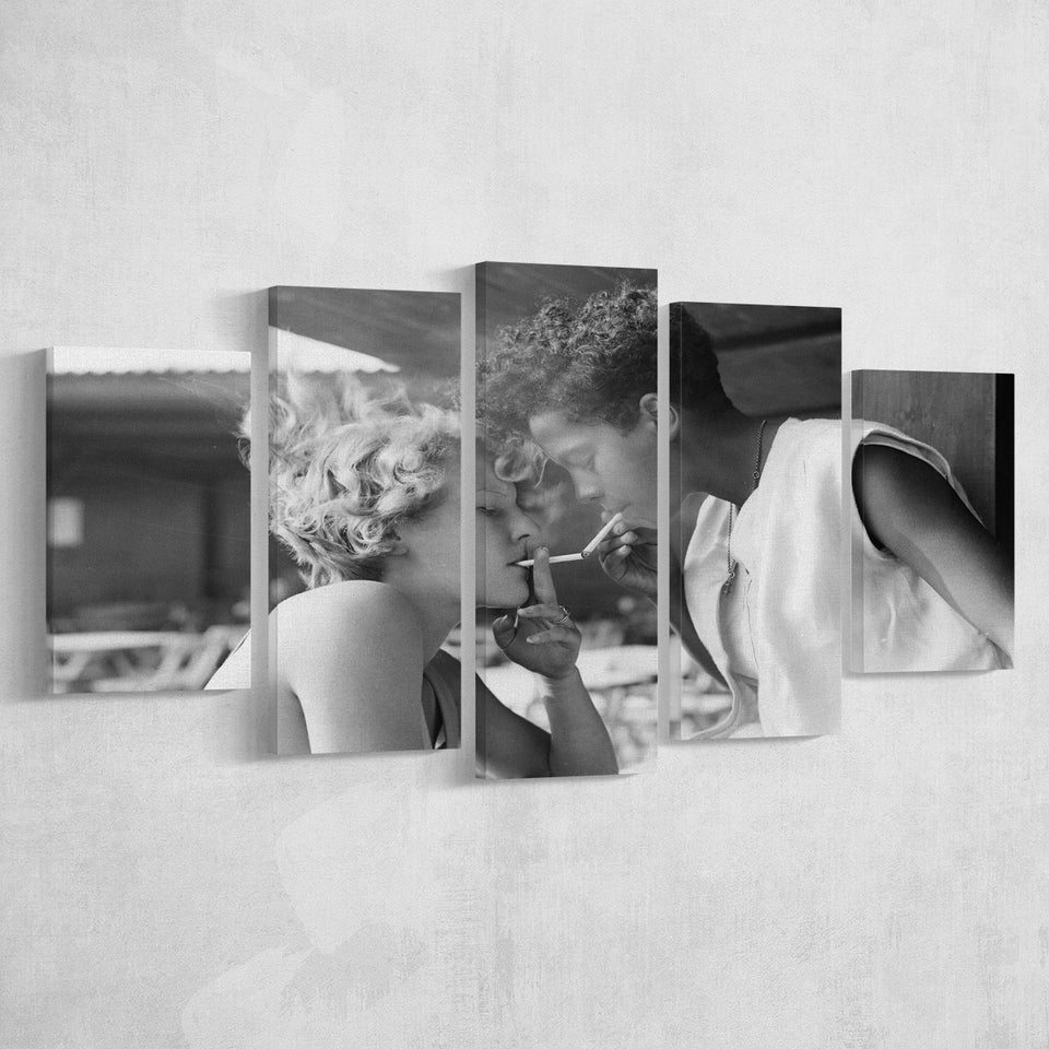 Girls Smoking Black And White Print, Vintage Girl Friends Sharing A Cigarette Light 5 Panels, Canvas Prints Wall Art Decor