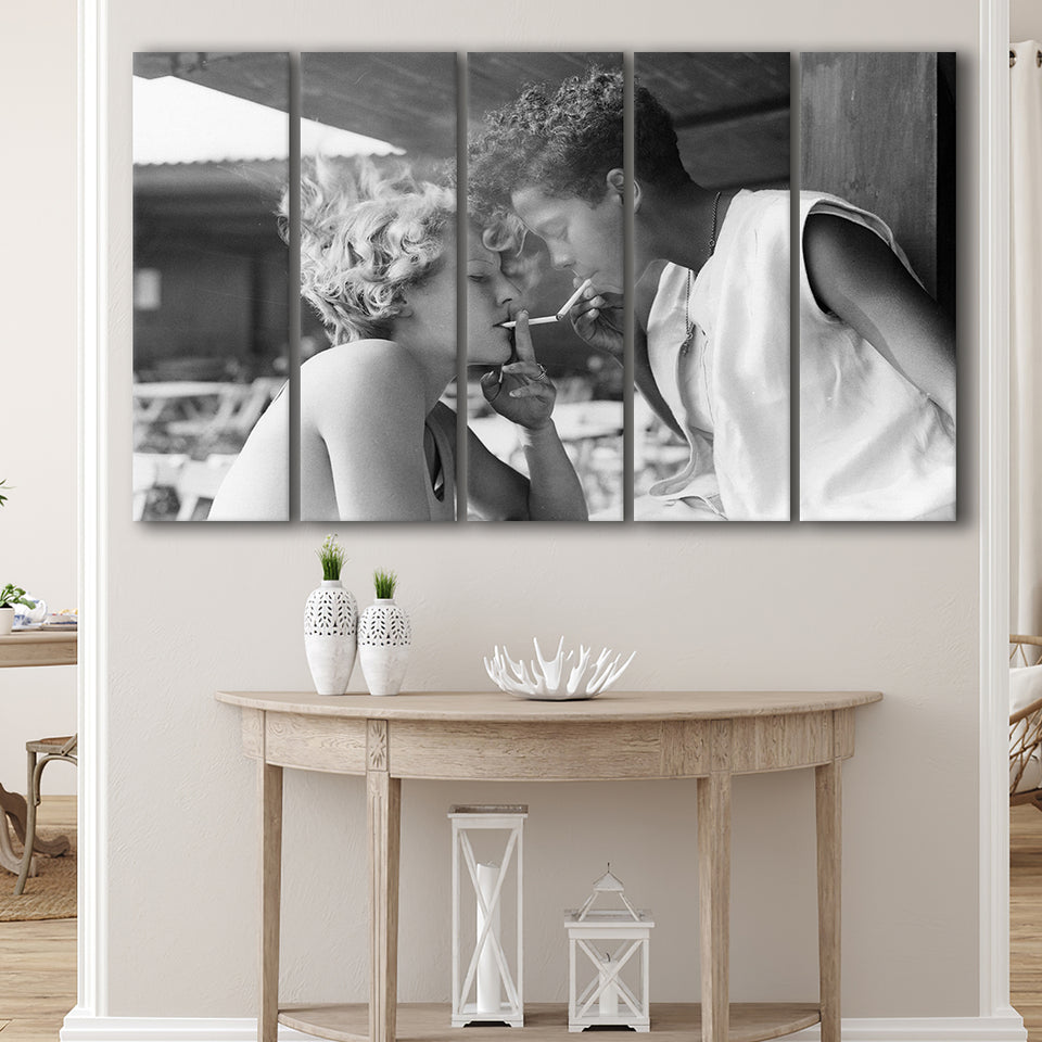 Girls Smoking Black And White Print, Vintage Girl Friends Sharing A Cigarette Larger Canvas Art, 5 Piece Canvas Prints Wall Art