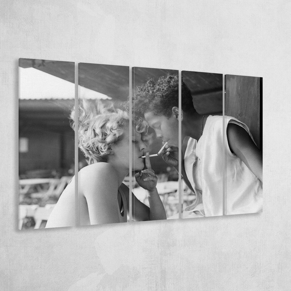 Girls Smoking Black And White Print, Vintage Girl Friends Sharing A Cigarette Larger Canvas Art, 5 Piece Canvas Prints Wall Art