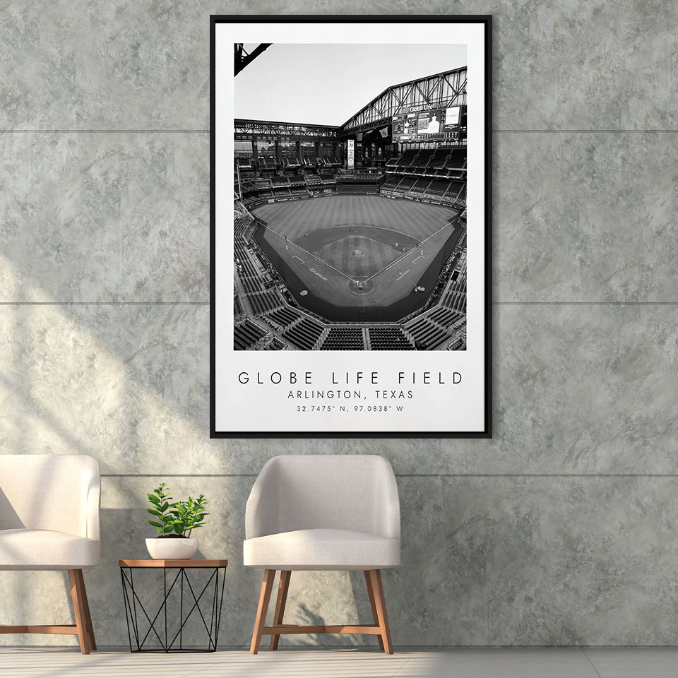 Globe Life Field Texas Rangers Baseball Lovers Black And White Art Framed Canvas Prints Wall Art Home Decor, Floating Frame
