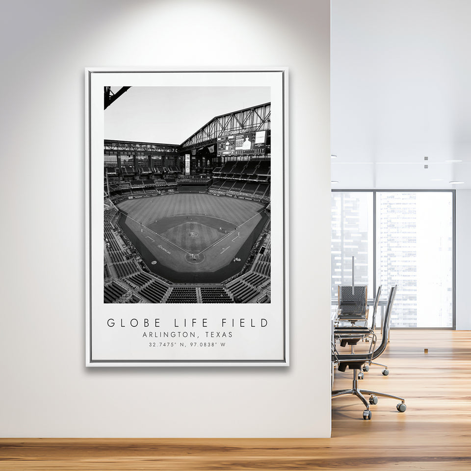 Globe Life Field Texas Rangers Baseball Lovers Black And White Art Framed Canvas Prints Wall Art Home Decor, Floating Frame