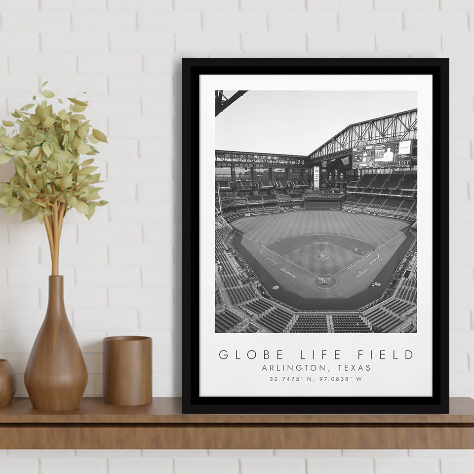 Globe Life Field Texas Rangers Baseball Lovers Black And White Art Framed Canvas Prints Wall Art Home Decor, Floating Frame