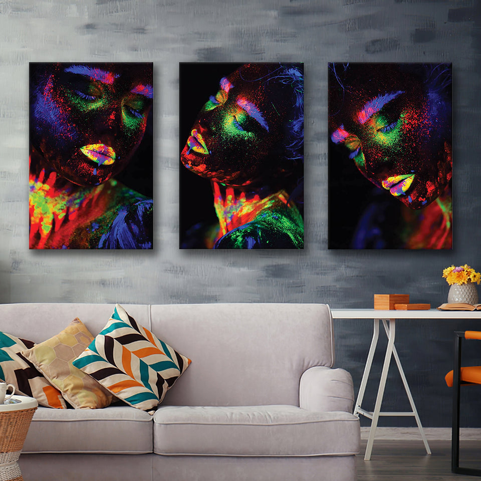 Glowing Woman Colorfull Canvas Set of 3 Piece Canvas Prints Wall Art Decor