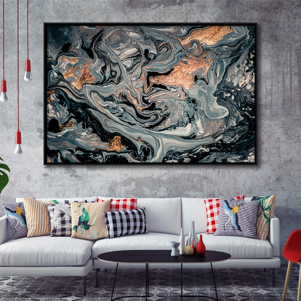 Gold Marble Gray Framed Canvas Prints Wall Art Decor, Framed Picture, Floating Frame