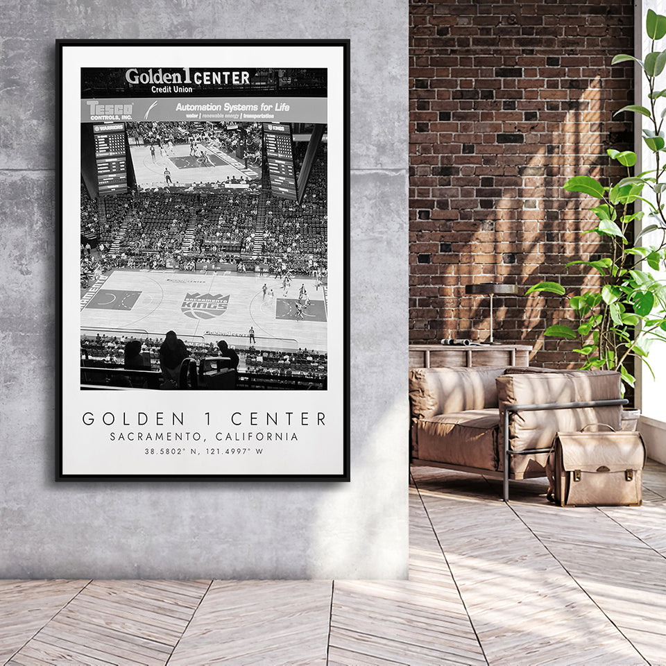 Golden 1 Center Sacramento Kings Basketball Lovers Black And White Art Framed Canvas Prints Wall Art Home Decor, Floating Frame