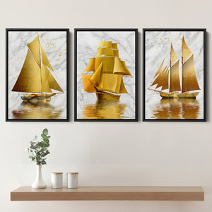 Golden Boat Set of 3 Piece Framed Canvas Prints Wall Art Decor