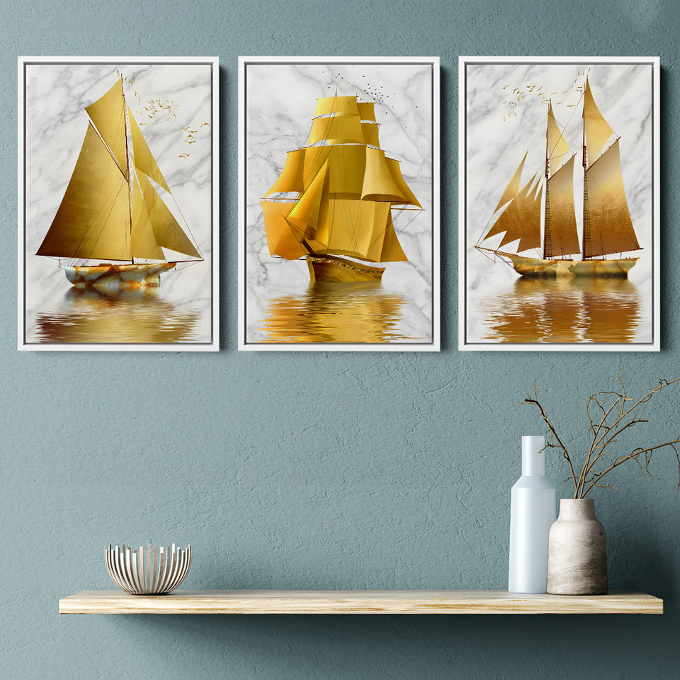 Golden Boat Set of 3 Piece Framed Canvas Prints Wall Art Decor