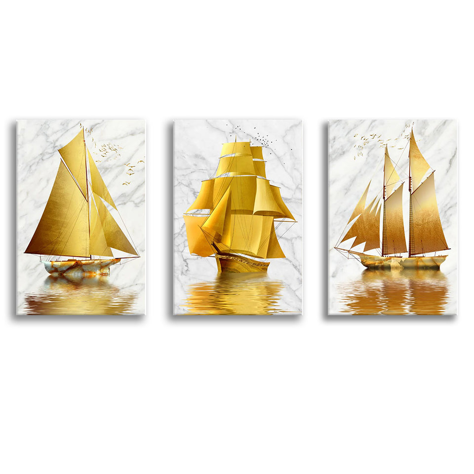 Golden Boat Canvas Set of 3 Piece Canvas Prints Wall Art Decor