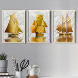 Golden Boat Set of 3 Piece Framed Canvas Prints Wall Art Decor