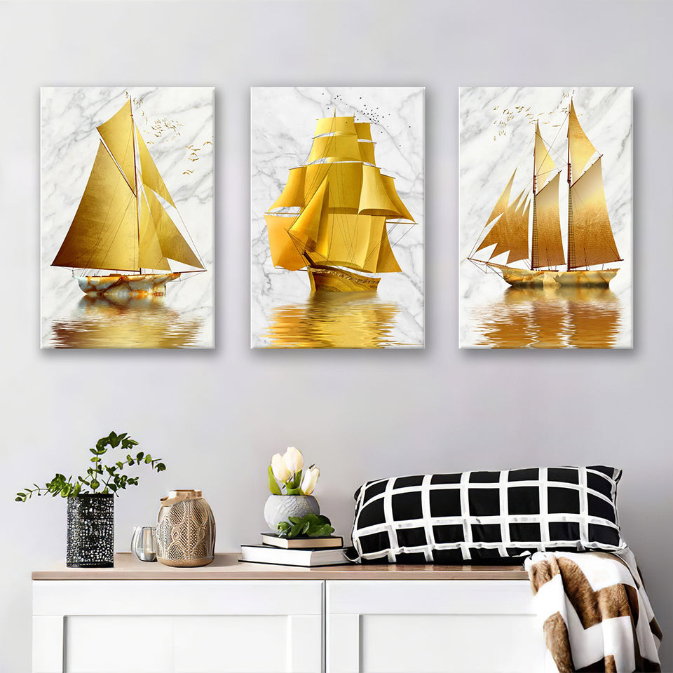 Golden Boat Canvas Set of 3 Piece Canvas Prints Wall Art Decor