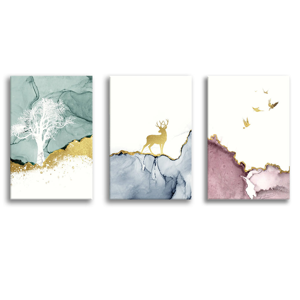 Golden Deer Canvas Set of 3 Piece Canvas Prints Wall Art Decor