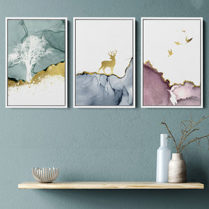 Golden Deer Set of 3 Piece Framed Canvas Prints Wall Art Decor