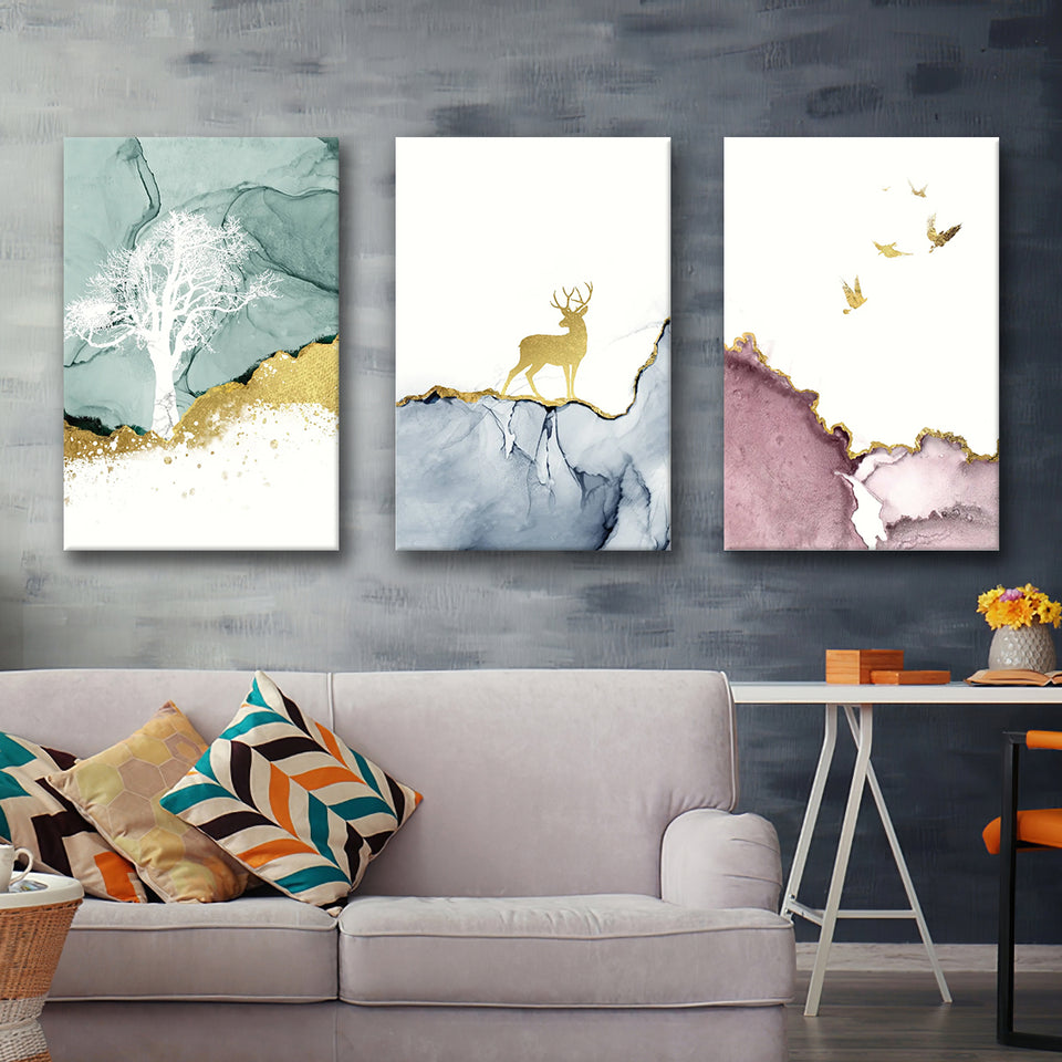 Golden Deer Canvas Set of 3 Piece Canvas Prints Wall Art Decor