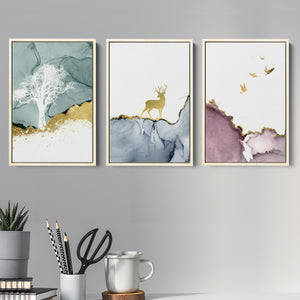 Golden Deer Set of 3 Piece Framed Canvas Prints Wall Art Decor