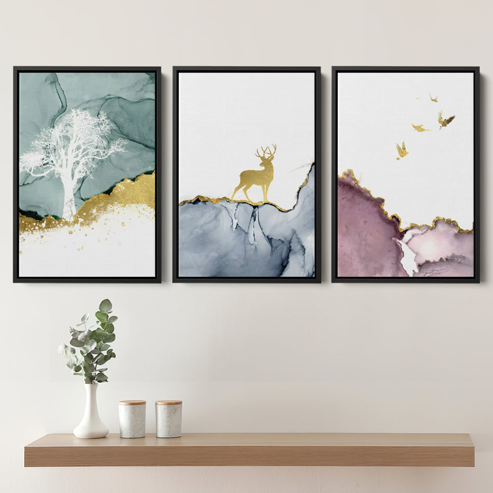 Golden Deer Set of 3 Piece Framed Canvas Prints Wall Art Decor