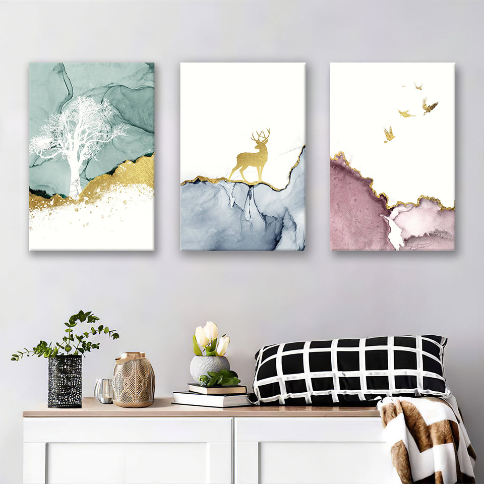 Golden Deer Canvas Set of 3 Piece Canvas Prints Wall Art Decor