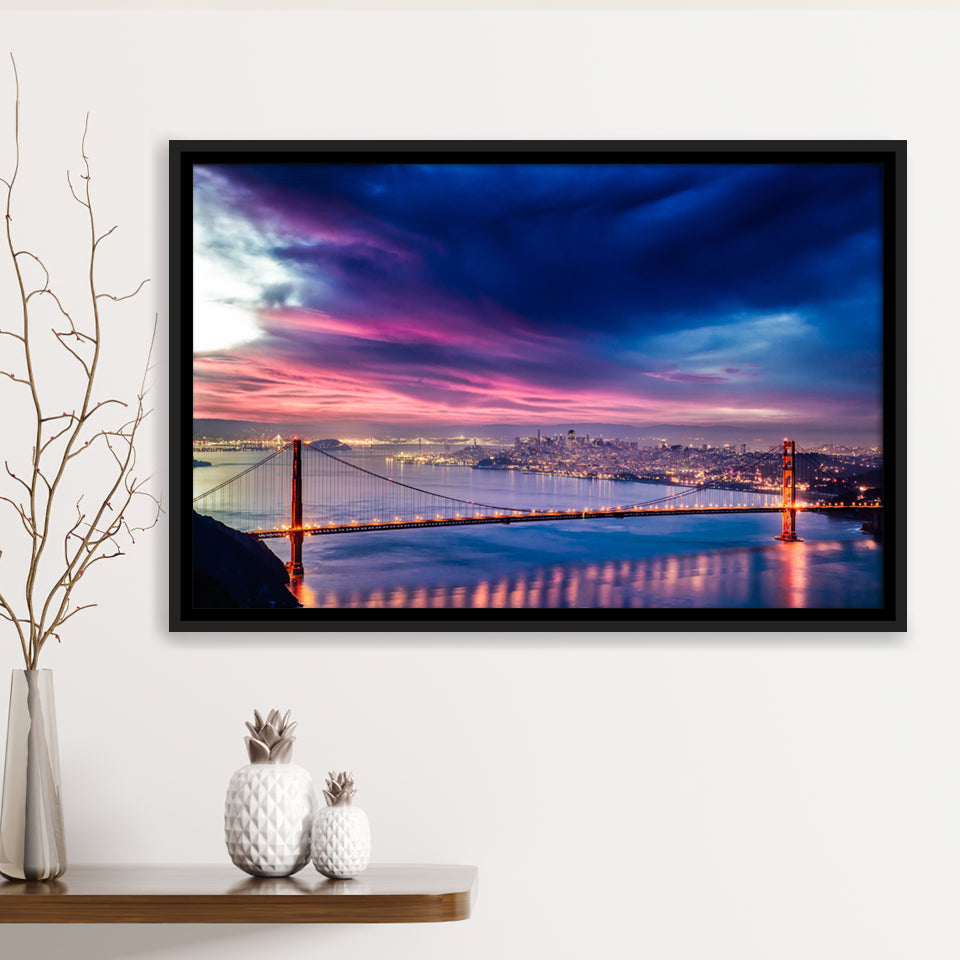 Golden Gate Bridge, Nightscapes, San Francisco, Usa Framed Canvas Prints Wall Art - Painting Canvas, Wall Decor,Floating Frame