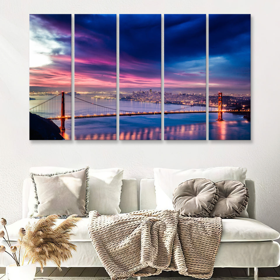 Golden Gate Bridge, Nightscapes, San Francisco, Usa 5 Pieces B Canvas Prints Wall Art - Painting Canvas,Multi Panel, Fan Gift