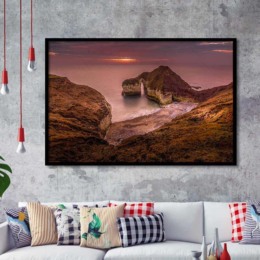 Golden Sunrise over the Sea, Rocky Sea Coast Nature Framed Art Prints Wall Art Decor,Black Frame, Ready to hang
