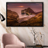 Golden Sunrise over the Sea, Rocky Sea Coast Canvas Nature Framed Canvas Prints Wall Art Decor, Black Floating Frame
