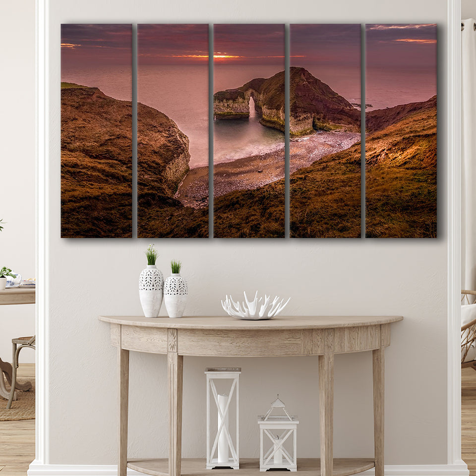 Golden Sunrise over the Sea, Rocky Sea Coast Canvas Nature 5 Panels B,Large Canvas,Canvas Prints Wall Art Home Decor