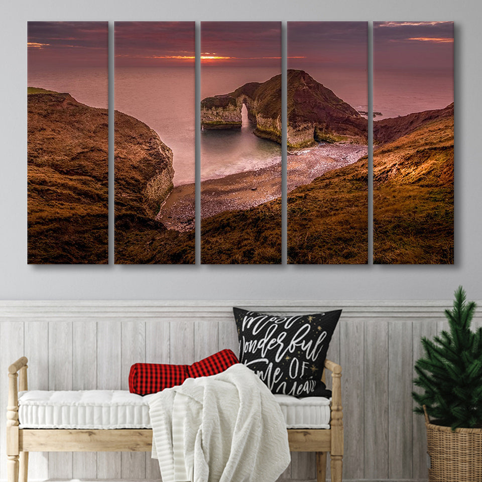 Golden Sunrise over the Sea, Rocky Sea Coast Canvas Nature 5 Panels B,Large Canvas,Canvas Prints Wall Art Home Decor