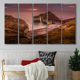 Golden Sunrise over the Sea, Rocky Sea Coast Canvas Nature 5 Panels B,Large Canvas,Canvas Prints Wall Art Home Decor