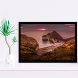 Golden Sunrise over the Sea, Rocky Sea Coast Nature Framed Art Prints Wall Art Decor,Black Frame, Ready to hang