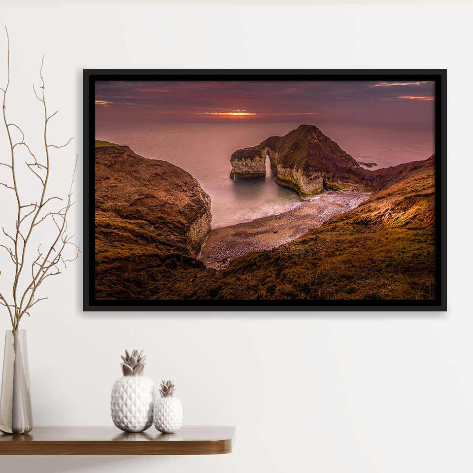Golden Sunrise over the Sea, Rocky Sea Coast Canvas Nature Framed Canvas Prints Wall Art Decor, Black Floating Frame